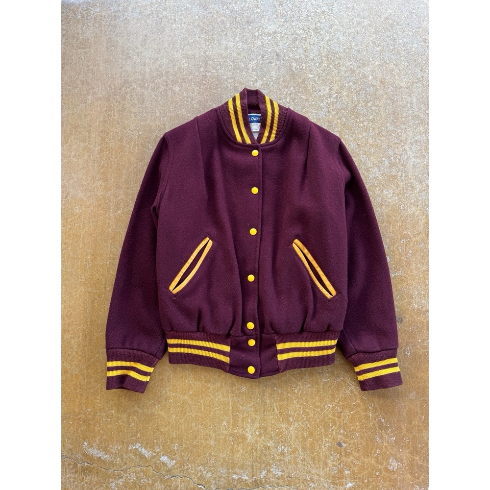 VTG 80s Holloway Varsity Bomber Wool Blend Jacket Burgundy Collegiate Women M